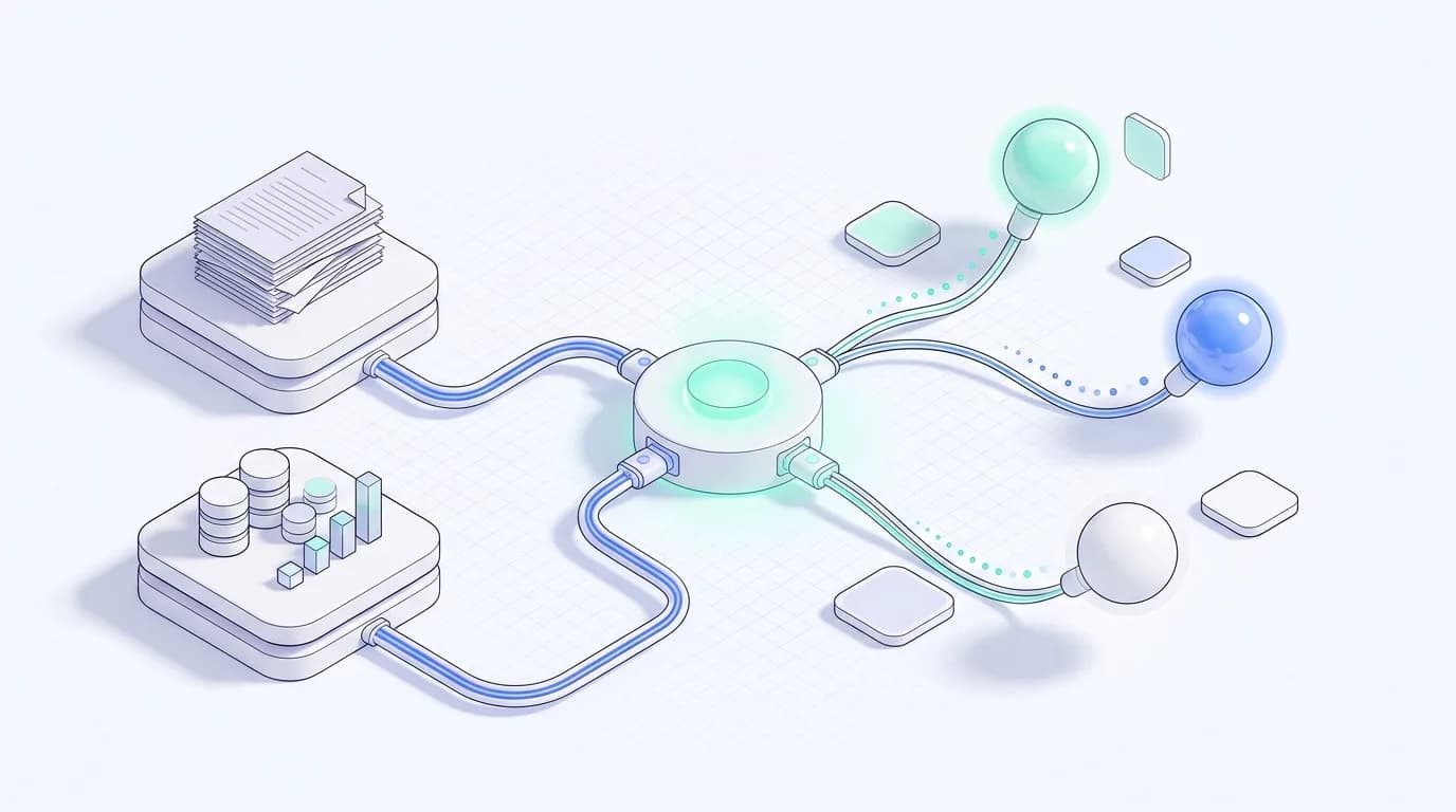 A document store and a governed data-and-metrics store both plugging into one central MCP connector hub, which feeds context to several AI agents.