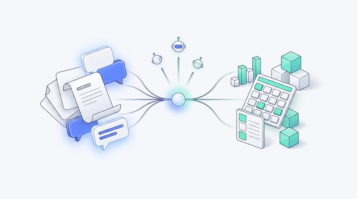 The two halves of a company brain: documents, chat threads, and meeting notes on one side, charts, data tables, and records on the other, both feeding one central node that AI agents read from.