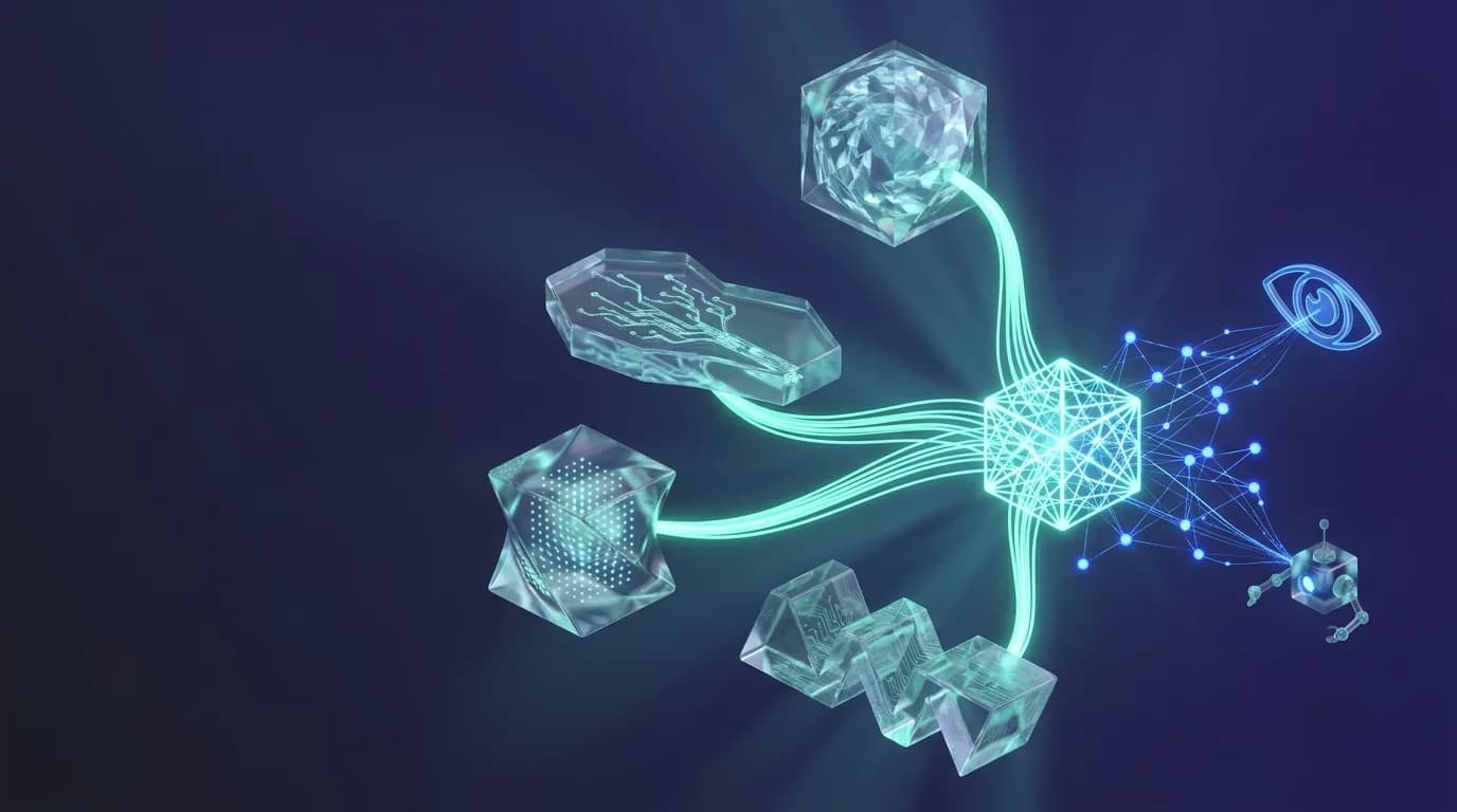 Abstract illustration of four separate semantic models feeding one shared core of meaning that both people and AI agents read
